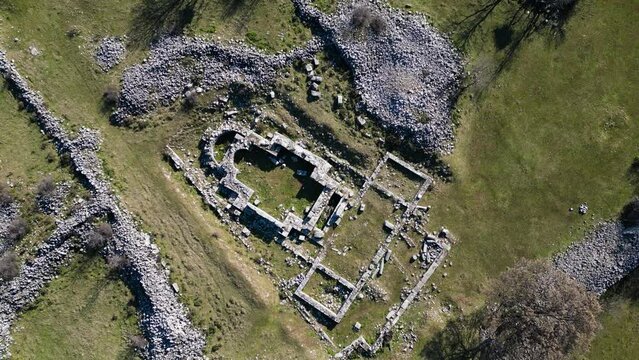 Roman town Doclea, ancient locality in Montenegro, drone aerial view, Church of St. Tome