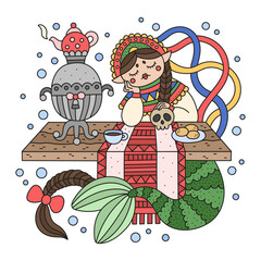 Slavic mermaid girl wearing traditional costume. Cute national tiara with ribbons. Sad sea princess sitting on the table with tea pot. Adorable colorful cartoon illustration for kids. Isolated