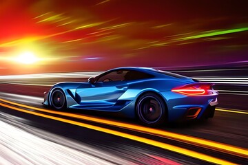 Fototapeta na wymiar Lights Of Cars With Night. Speeding Sports Car On Neon Highway. Powerful Acceleration Of A Supercar On A Night Track With Colorful Lights And Trails. Generative AI