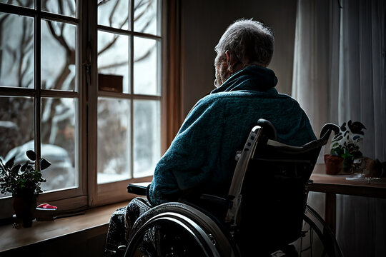 A lonely old man sits in a wheelchair and looks out the window. Loneliness and old age. 