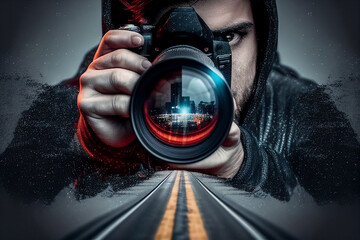 A man is a photographer with a camera taking pictures of the road.  - obrazy, fototapety, plakaty