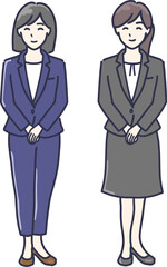 手を前で組んだスーツ姿の2人の女性イラスト　全身