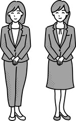 手を前で組んだスーツ姿の2人の女性イラスト　モノクロ全身
