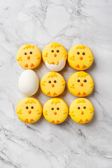 Set of easter macaroon chicks and eggs over marble background. Top view, copy space. Easter treat, holiday symbol