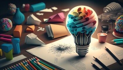 Brainstorming Creative Idea Illustration with Light Bulb, with Licensed Generative AI Technology Assistance