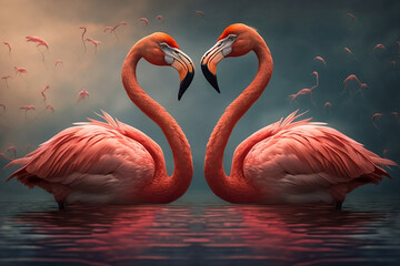 Fototapeta premium Cute Flamingo Bird couple with a love heart. Valentines day concept. Generative ai