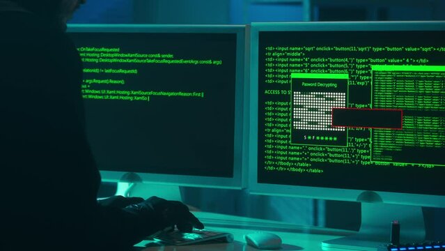 Hacker is typing on a computer keyboard and cracking a password. A man in a black hoodie and gloves is hacking security systems. A green line of codes on the screen. Access denied, access granted.