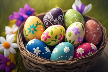 Fototapeta na wymiar Colorful Easter Eggs in a Basket on Grass, Generative AI