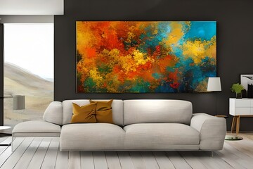 Splendid Home Interior With A Modern Style And Beautiful Abstract Painting On The Wall. Stylish Home Decoration. Living Room With Single Painting On The Wall. Digital Art . Generative AI
