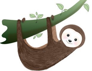 cheerful sloth hanging on a branch © KsuErt