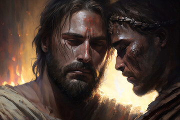 Close-up on Judas and Jesus, The Betrayal, Generative AI - obrazy, fototapety, plakaty