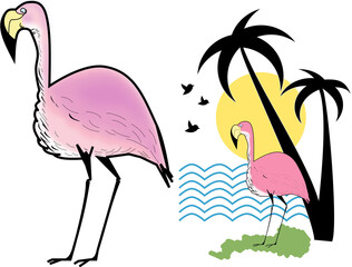 Flamingos on an island with a palm tree near the sea