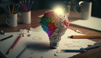 Brainstorming Creative Idea Illustration with Light Bulb, with Licensed Generative AI Technology Assistance