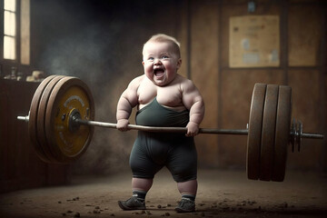 Fototapeta na wymiar An little strong smiling baby boy lifts a very heavy barbell - AI generative