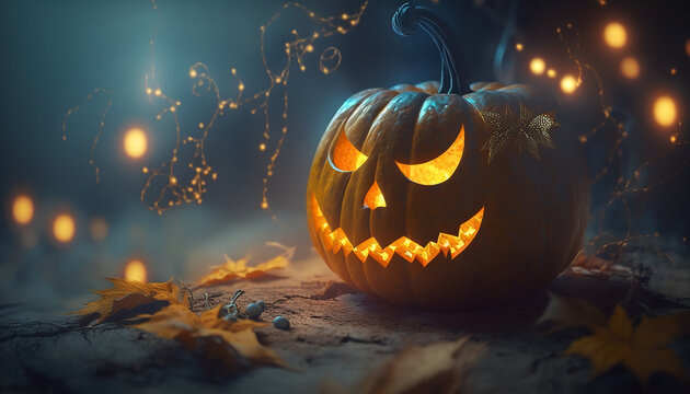 closeup view of halloween pumpkin with blur halloween background, Generative ai