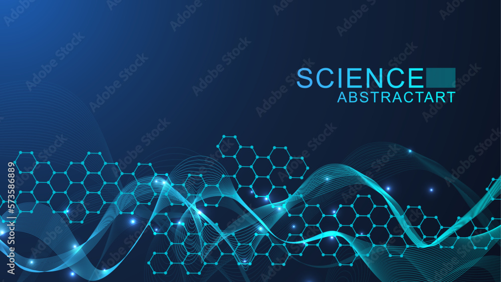 Wall mural modern science background with lines, dots and hexagons. wave flow abstract background. molecular st