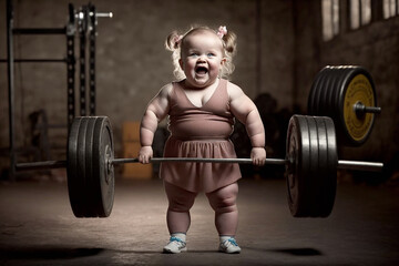 Fototapeta na wymiar An little strong smiling baby girl lifts a very heavy barbell - AI generative
