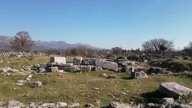 Roman town Doclea, ancient locality in Montenegro, drone aerial view, Church of St. Tome