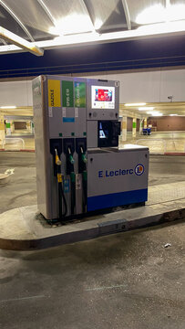 Viry chatillon, France. February 19. 2023. Empty gas pump station of Leclerc supermarket. Distributor of gasoline and diesel, without a car.