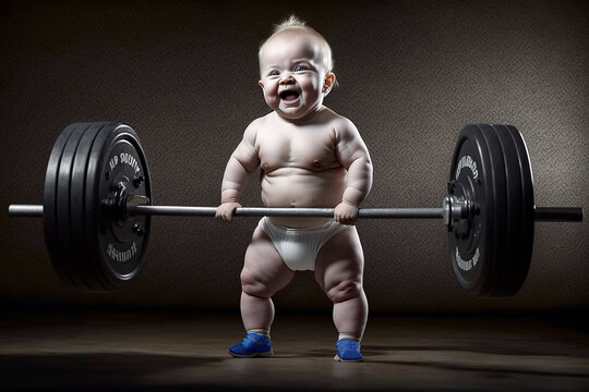 An little strong smiling baby boy lifts a very heavy barbell - AI generative