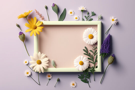 Close up blank photo frame with springs flowers season, stylish background, minimalist, interior design with Generative AI.