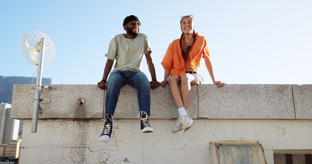 Rooftop, relax and friends for social conversation together in cool wind, sunshine and blue sky...