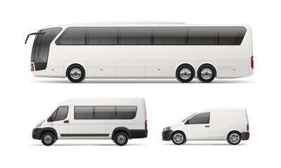 Realistic Tourist Bus, Passenger Van and Commercial Car  Mockup set - editable 3d vector illustration isolated on white background