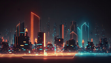 Night city Cyber punk landscape concept. Light glowing on dark scene. Night life. Technology network for 5g. Beyond generation and futuristic of Sci-Fi Capital city and building scene. Generative AI. - obrazy, fototapety, plakaty