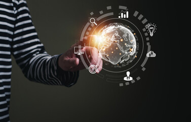 Business entrepreneur using search engine optimization SEO to create marketing campaign to increase sale revenue and drive traffic for online sales transaction. Global business strategy with internet