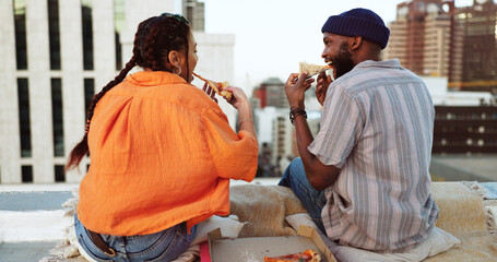 Couple, eating and pizza date on city building rooftop in New York for bonding, trust or love...