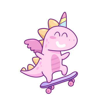 Cute Dinosaur Unicorn ride on skate board. Caroon Dinosaur or Unicorn with skate board. Funny Baby Dinocorn for kids print design. Isolated vector illustrator