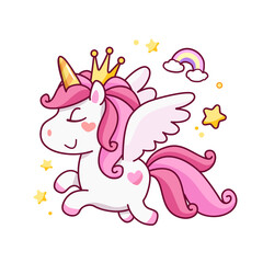 Baby Unicorn with wings. Cartoon Unicorn with piurple hair and  rainbow horn. Baby Pony for kids print design on tee shirt or pajamas
