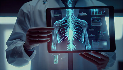 A doctor's hands holding a digital screen with the projection of a human body hologram. Generative AI