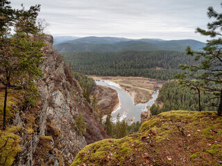 Southern Urals in autumn, view from the mountain to the Belaya River.