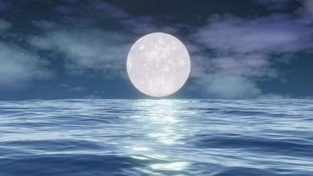 Night ocean and full moon nature scene. Ocean background. Animated clouds. Small waves on water surface. Animated focus lens.