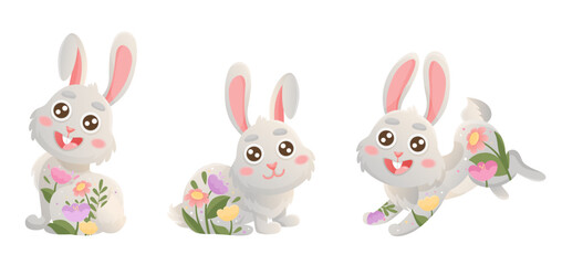 Rabbits character design with beautiful blossom flowers on silhouettes. Mid Autumn Festival, year of the Rabbit