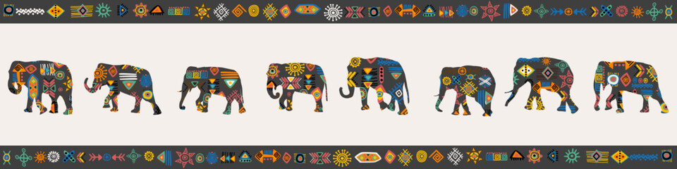 African design with elephants and tribal symbols and motifs - obrazy, fototapety, plakaty