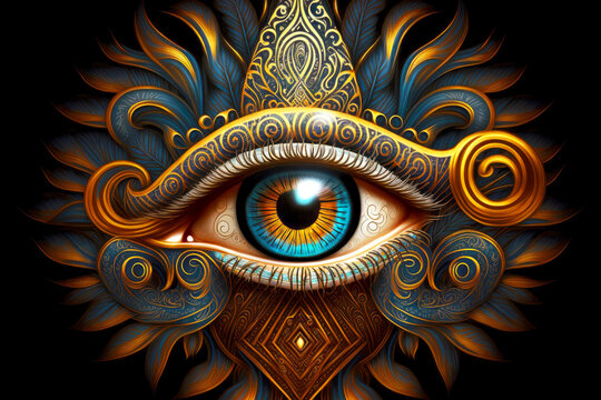 mystical symbol in form of eye with all-seeing eye on black background, generative ai