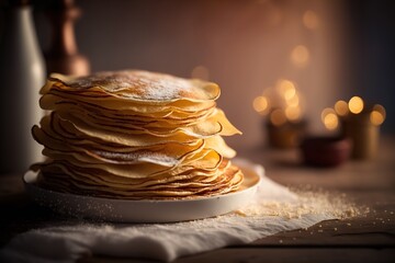 Home cooking pancake stack for Shrovetide holiday, family day, pancakes with syrup and honey on soda, sunshine, homemade. Generative AI
