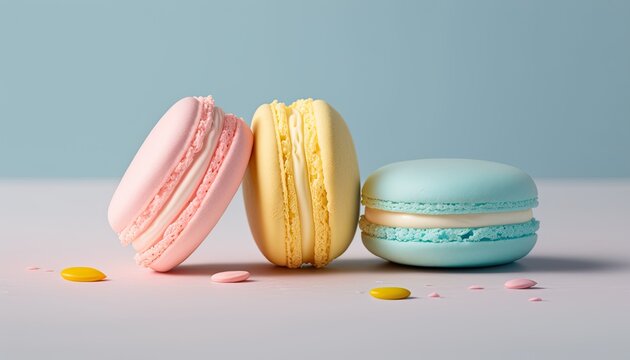 pastel french macarons on the table, pastel yellow, pink, blue, generative AI