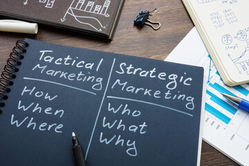 Notepad with pros and cons of Tactical and strategic marketing.