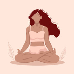 beautiful girl is doing yoga.lotus pose.Padmasana.Beige color.poster,print.Vodern flat vector illustration