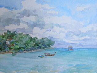 Thailand sea and boats near the coast in summer. Watercolor painting 