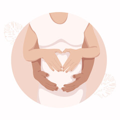 Parents and family concept.Man and woman holding pregnant belly.Pregnant girl.Hands in the shape of heart.Postcard,banner,print.vector illustration