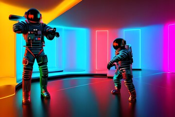 Fototapeta na wymiar Two Spacemans dancing in the nightclub
