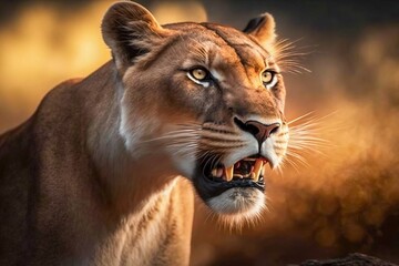 Obraz na płótnie Canvas Lioness in Africa savannah. Generative AI