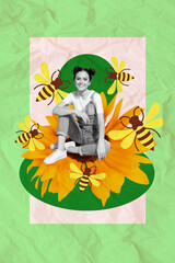 Vertical collage picture of mini positive black white colors girl sitting huge flower flying bees isolated on painted background