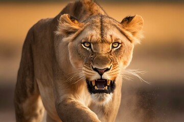 Naklejka na ściany i meble Lioness in Africa savannah. Generative AI