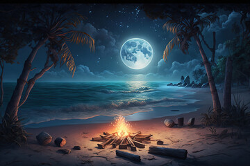 Beautiful beach moonlight romantic environment Generative AI