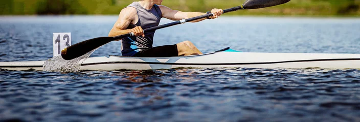 Foto op Canvas close up athlete kayaker rowing kayaking competition race © sports photos
